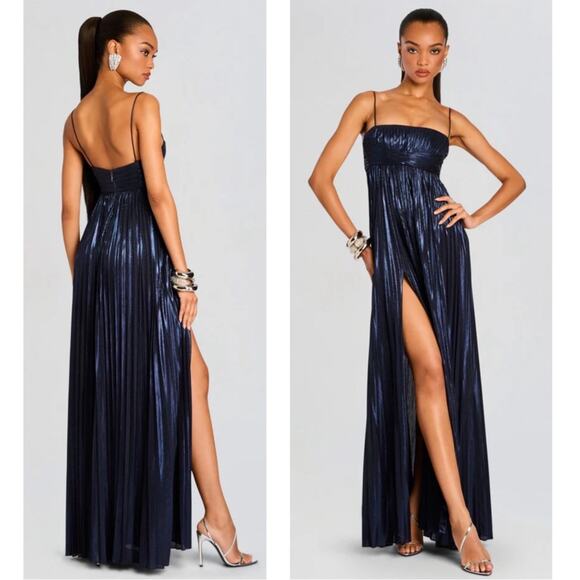 Retrofete Zinnia Ruched Pleated Metallic Lame Ink Blue Maxi Dress Size Small - Picture 2 of 9